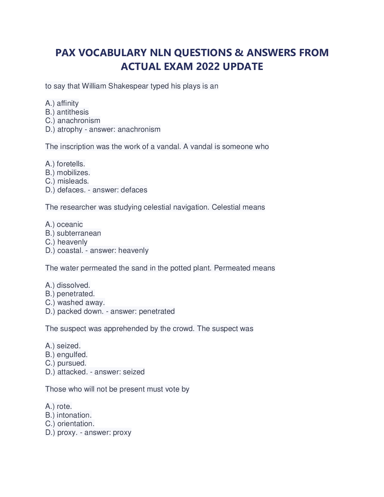 Preview image for PAX VOCABULARY NLN QUESTIONS & ANSWERS FROM ACTUAL EXAM 2022 UPDATE